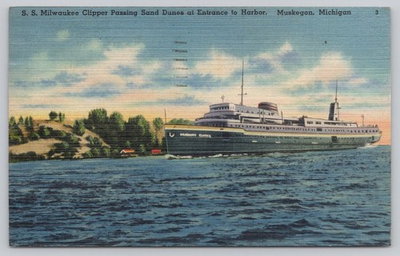 #ad Vintage Linen Postcard S.S. Milwaukee Clipper Muskegon Michigan 1946 $4.99