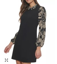 Tommy Hilfiger Paisley Long Sleeve Shift Dress Black Size 12 Elegant Formal Chic