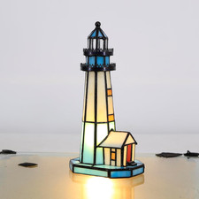 Tiffany-Style Blue White Stained Glass Mini Lighthouse Table Lamp Night Light