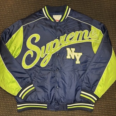 Supreme Team Varsity Jacket Navy Lime Green FW20 Script Logo NY