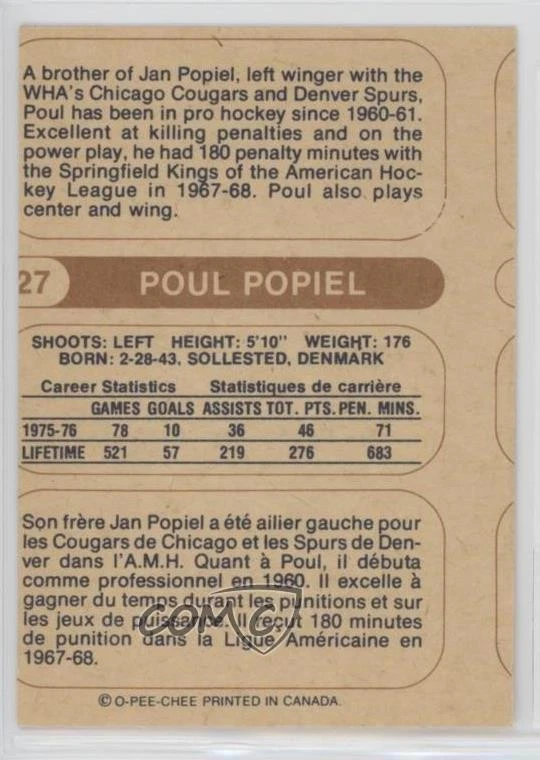 1976-77 O-Pee-Chee WHA Poul Popiel #27 - Image 2 of 2