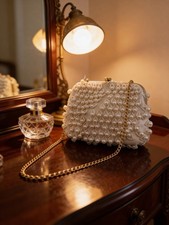 Vintage Pearl Beaded Clutch Purse Ivory Bridal Evening Bag Gold Chain