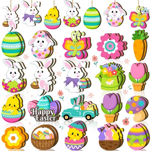 40 Pcs Easter Wooden Ornaments Easter Tree Decorations Wooden Bunny Hanging D...