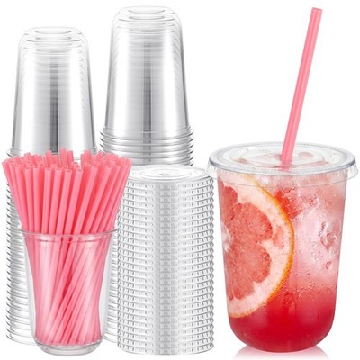 50 Sets 16oz Clear Plastic Cups with Heart Shaped Straws and Lids