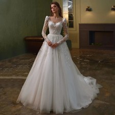 Sparkling Wedding Dress Sheer Round Neck Beading Pearls Court Train Bridal Gown