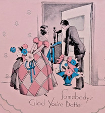 Vintage Used 1937 Get Well Soon Crinoline Lady Flowers Greeting Card (EB111127)