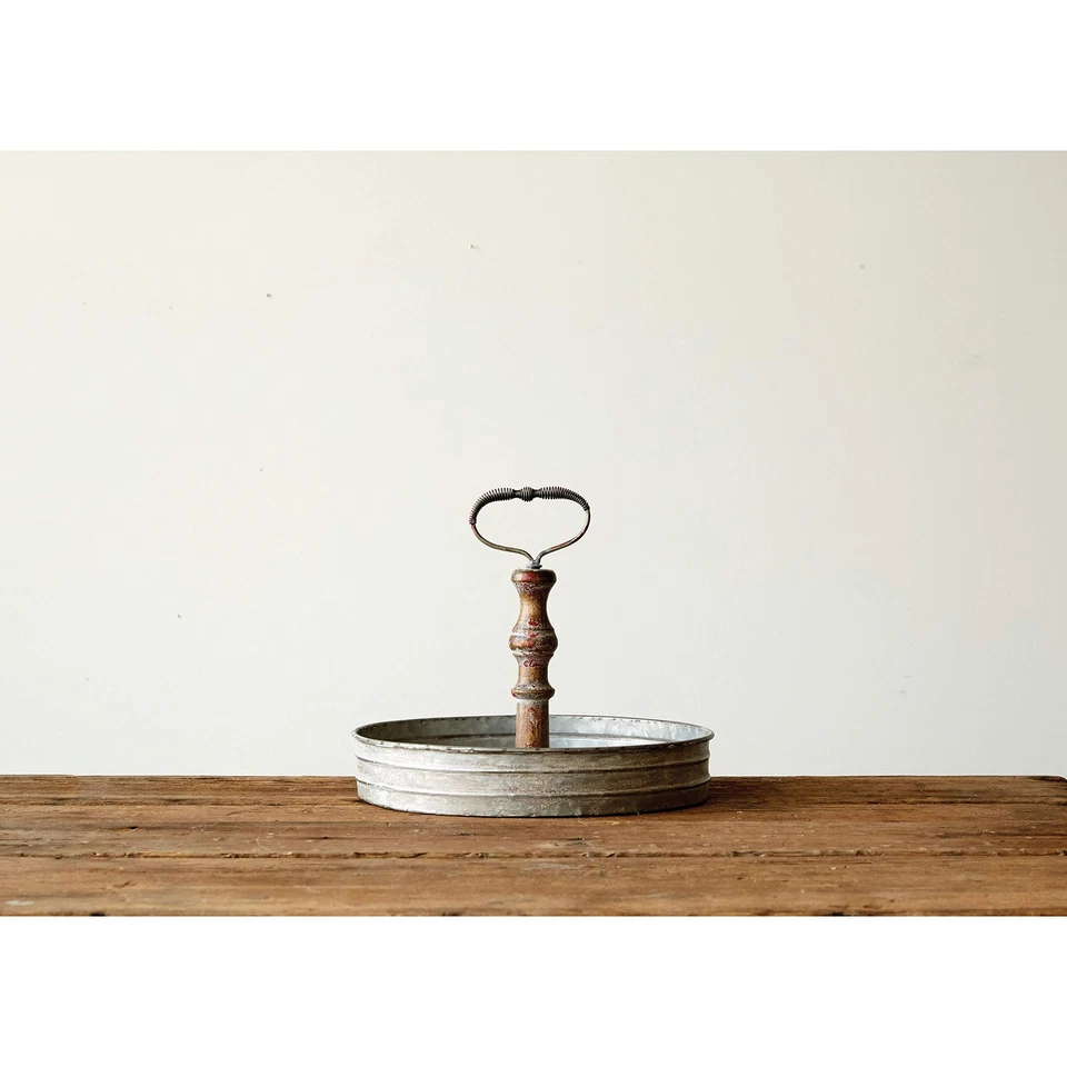 Distressed Single Tier Tin Tray with Handle - Image 3 of 4