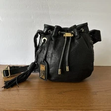 BADGLEY MISCHKA Shoulder Crossbody Bucket BAG Black Pebble Leather Drawstring