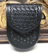 vintage SAFARILAND basket weave HANDCUFF POUCH black leather 90V police TOOLED