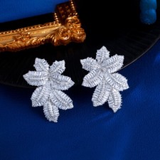Silver Plated Cubic Zirconia Leaf Drop Earrings for Women Brides Wedding Jewelry