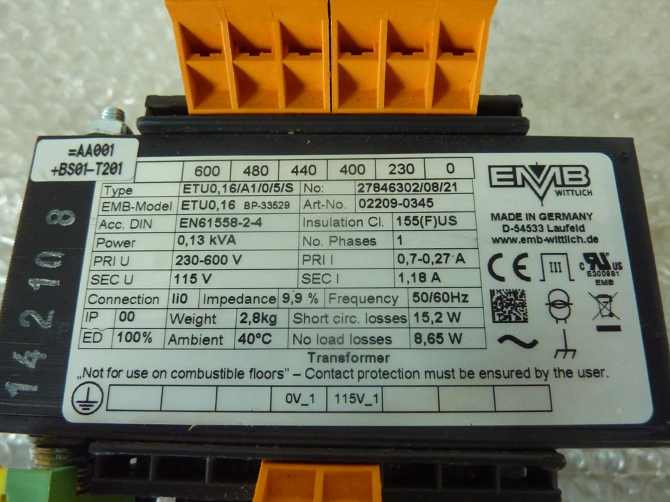 EMB 0,13kVA ETU0,16BP33529 Transformer 230-460V 0.7-0.27A 50/60Hz 08/21 (23603) - Image 2 of 4