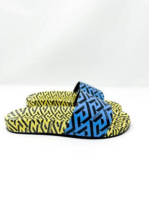 Versace La Greca Slide Sandal Blue/Yellow  39  $450 