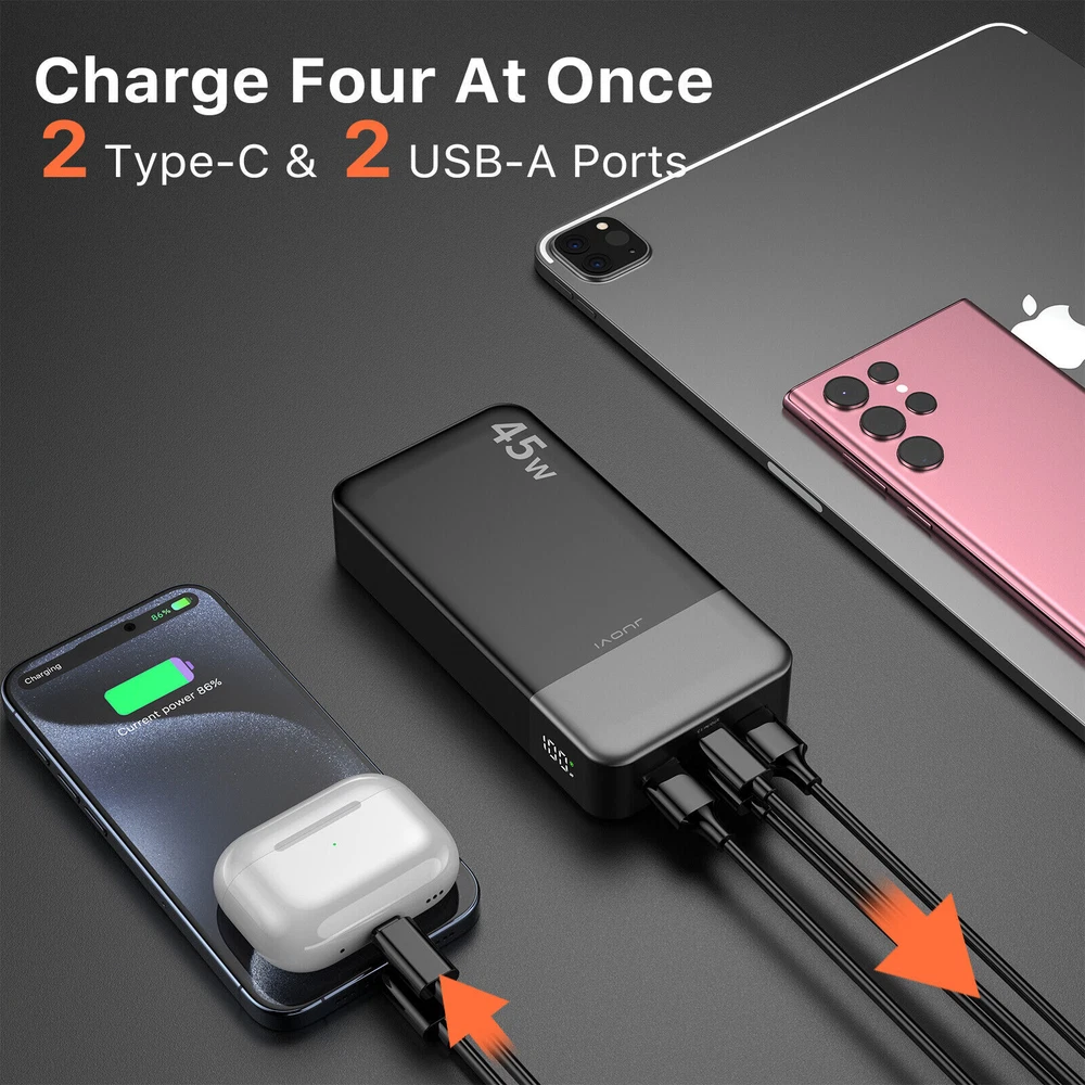 Power Bank 20000mAh 45W Fast Charging Battery Backup Charger USB-C For travels