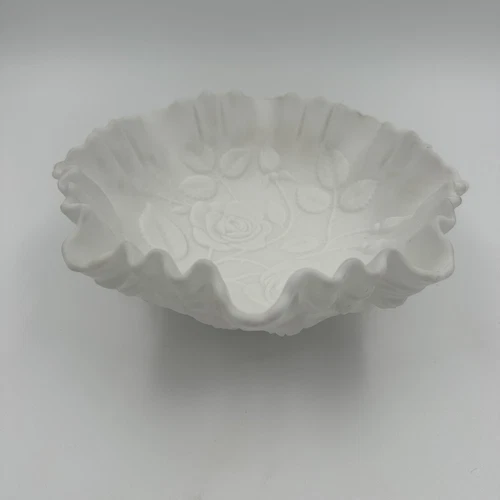 Vintage Imperial Glass Satin Doeskin Milk Glass Crimped Edge Bowl Embossed Roses