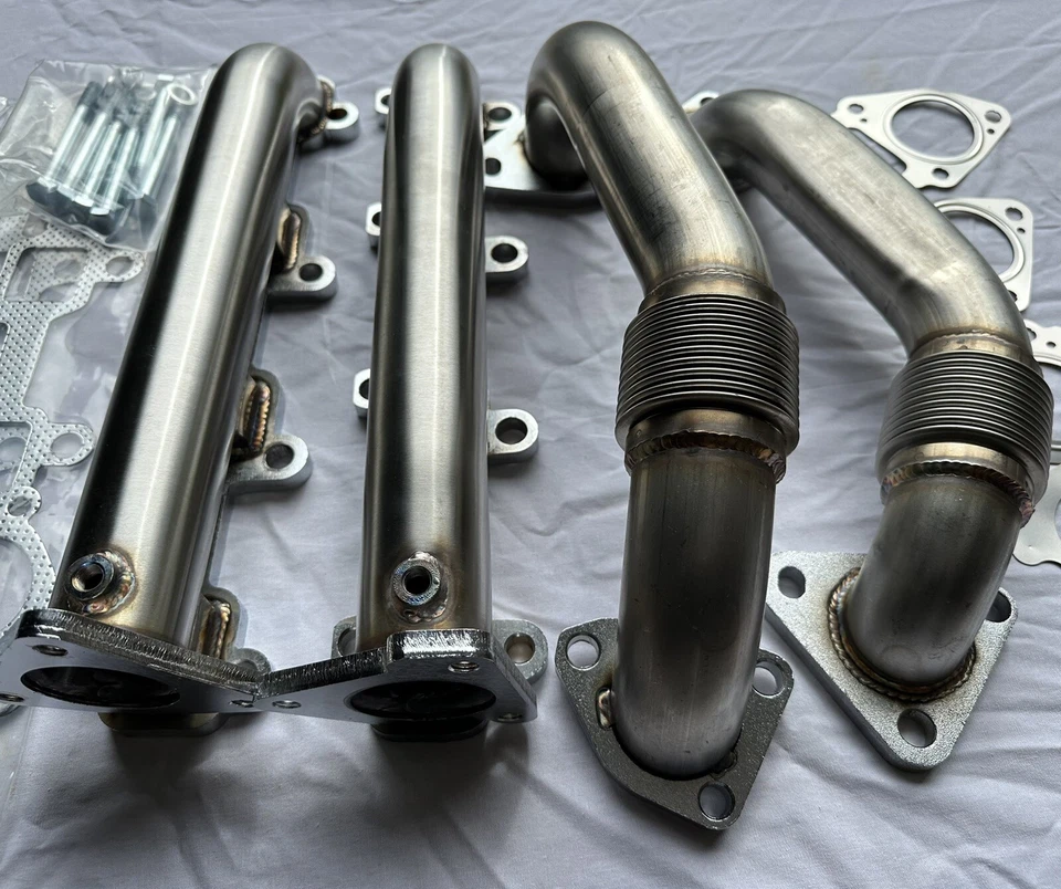 Colectores de escape de acero inoxidable de alto flujo y tubos superiores para 01-16 6,6 L Duramax diésel Foto 3 de 4