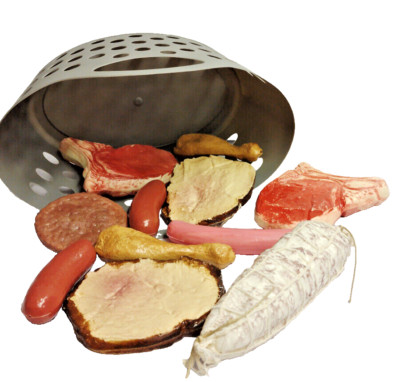 Realistisches lebensgroßes Spielzeugfutter 11 Teile FLEISCH & SALAMI im Korb vorgeben Essen Metzger