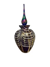 Handmade Blue Iridescent Glass Perfume Bottle w Swirled White Stripes & Stopper