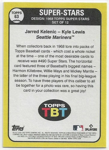 2021 Topps Throwback Thursday Jarred Kelenic RC & Kyle Lewis 1968 Super Stars 63 - Picture 2 of 2