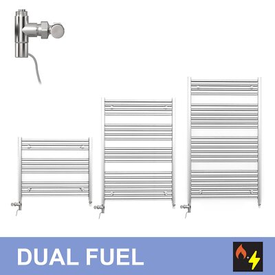 Flacher Chrom-Handtuchheizkörper 800 mm breit Dual Fuel mit Standard-Dual-Fuel-Kits