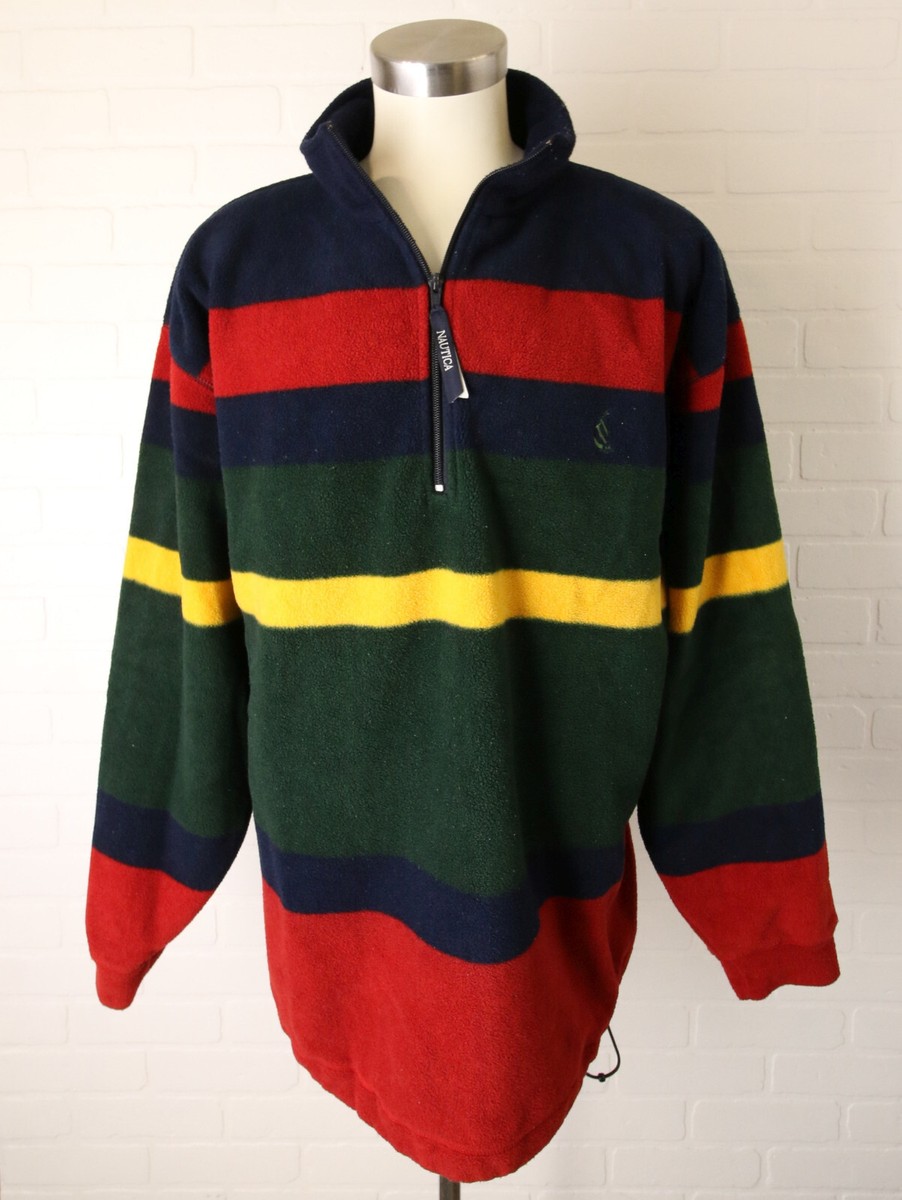 Vintage Nautica Mens Stripe Colorblock Nautech Fleece Zip Pullover