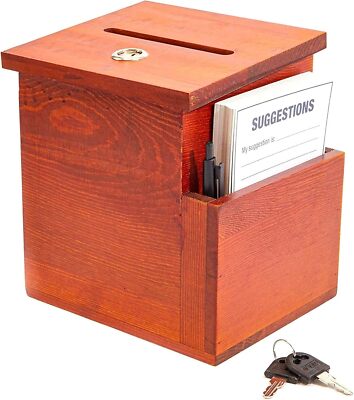Wooden Suggestion Box with Lock and Keys, Brown Ballot Box with 50 Blank Suggest