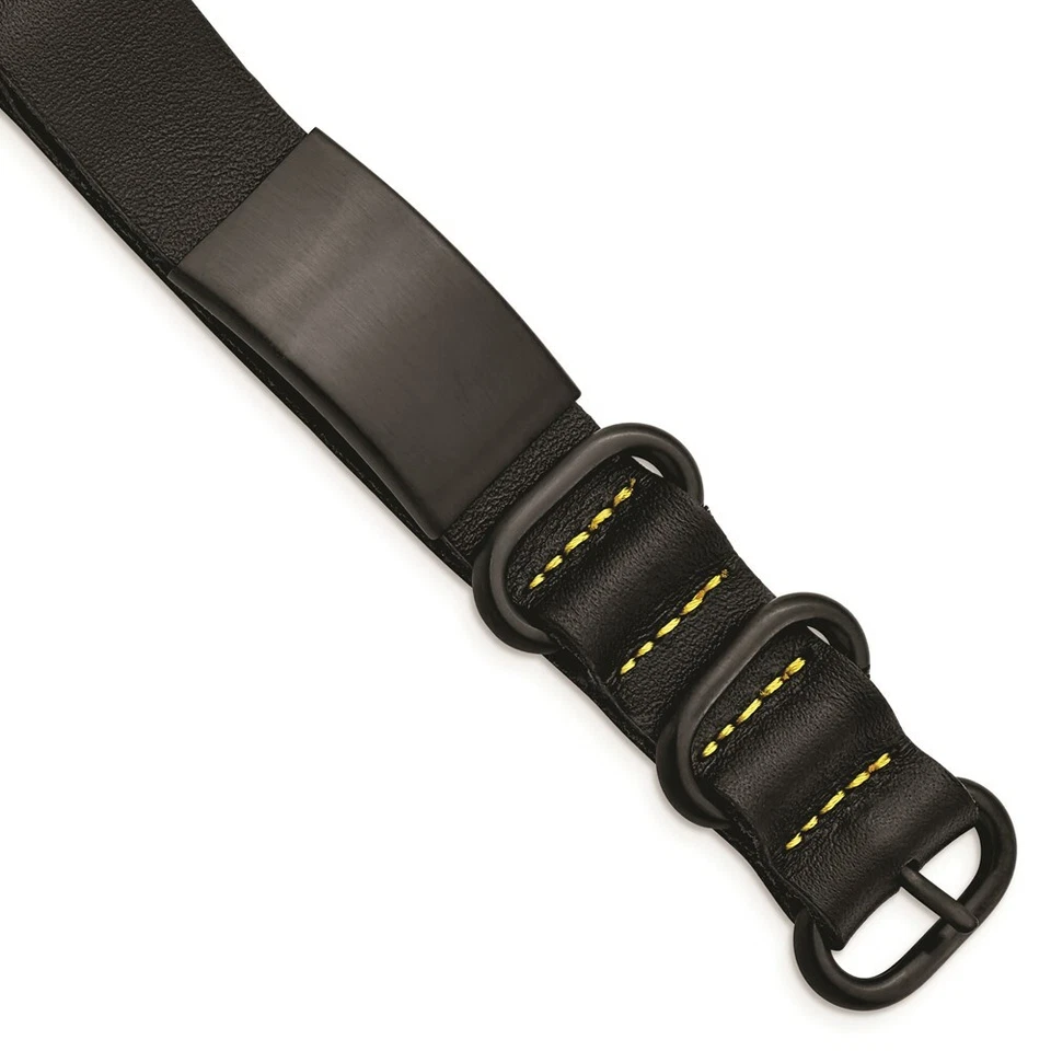 Acero Inoxidable Cepillado Negro IP Cuero Negro Ajustable Pulsera ID