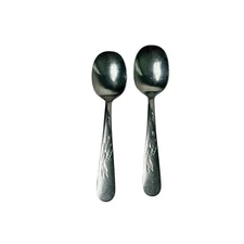 Vintage Utica Stainless Baby Spoon Lot of 2 glossy Floral Handle Discontinued