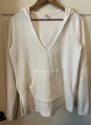 Z Supply Hoodie Ribbed V Neck Womens M Relaxed Pullover Ivory