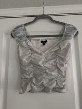 Floral Ruched Crop Top Women Small Cottagecore Coquette Blue White Lace