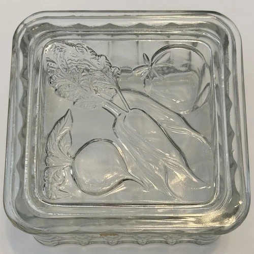 Federal Ribbed Clear Pressed Glass Square Refrigerator Dish & Lid Fridge Box Vtg