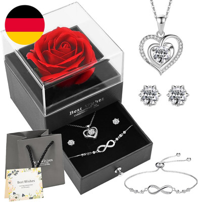 Ewige Rose Schmuckset, Herz Silberkette Ohrringe Armbänder Geschenkbox, Mit Gruß