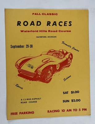 Vintage 1962 SPORTS CAR ROAD RACES Racing Poster 8.5 x 11 SCCA Waterford Hills