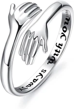 925 Sterling Silver Hug Ring for Women Men Adjustable Hugging Hands Open Love Pr