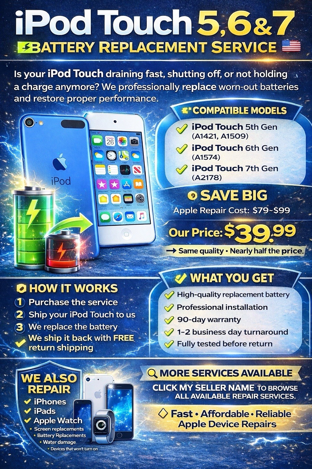 IPOD TOUCH 5 6 AND 7 BATTERY REPLACEMENT SERVICE