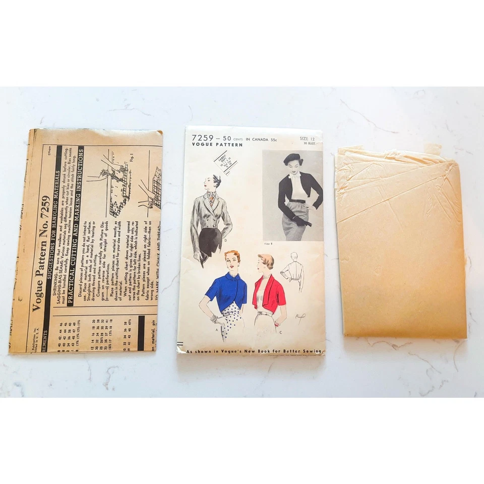 1953 Vogue 7259 Bolero Jacket Sewing Pattern - Mid-Century Design, Bust 30 - Image 3 of 3