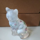 Fenton Sitting Cat Figurine Opalescent Glass Artist Signed with Label D. Wright