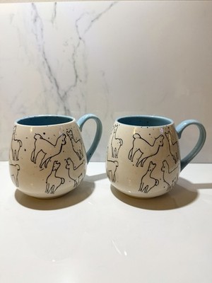 2 MERITAGE Speckled Llama Alpca Coffee Tea Mug Cup  Blue Interior Hidden Llama