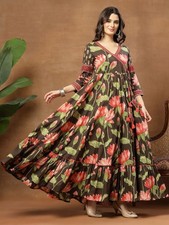 Indian Women Brown Cotton Floral Printed Anarkali Flared Kurta Kurti Long Dress
