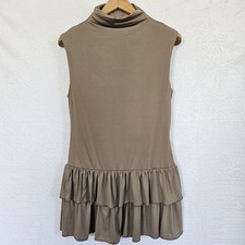 NWT Women’s Mock Neck Taupe Sleeveless Dress Ruffles Sz L Above Knee Chic