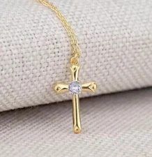 1.0Ct Round Cut Simulated Diamond Religious Cross Pendant 14k Yellow Gold Plated