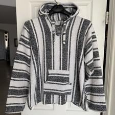 Baja Hoodie Mexican Poncho XL White  Black Pullover Drug Rug Hippie Surfer EUC