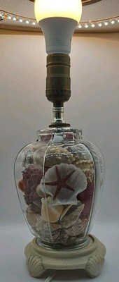    Vtg 1970's Seashell Filled Hexagonal Glass Table Lamp  12''--Working   