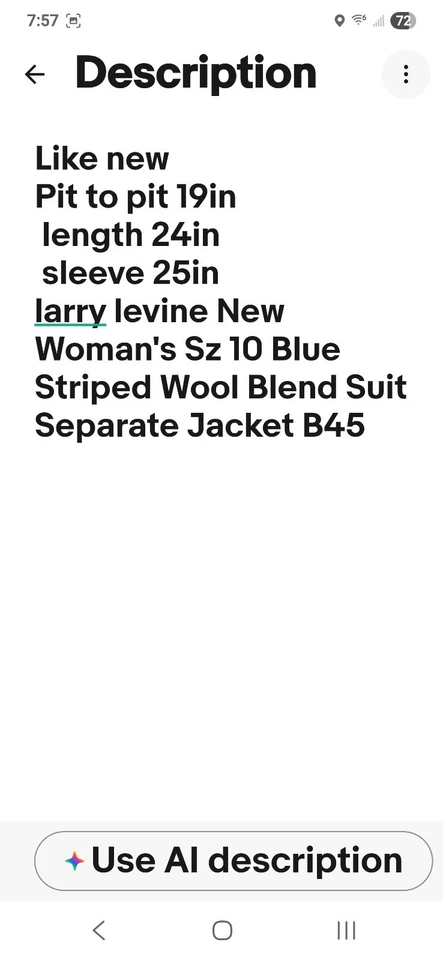 Larry Levine Nuevo Mujer Talla 10 Azul Rayas Mezcla Lana Traje Chaqueta Separada S68 Foto 2 de 4