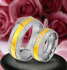 2  Ringe Trauringe Eheringe mit 3 Steinen GRAVUR GRATIS Gold Platiert ; JE100-3