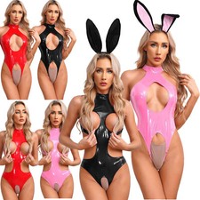 Women's Sleeveless Wet Look Glossy Patent Leather Catsuit Bunny Girl Costume