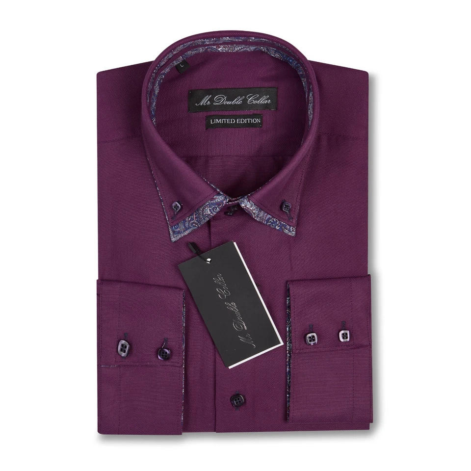 Camicia da Uomo Casual Elegante Formale Rosso Doppio Collo Manica Lunga - Nuovo - Immagine 2 di 4