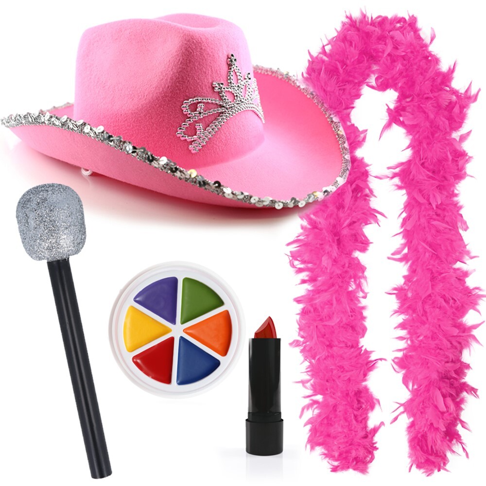 Set pop star pony rosa cappello da cowboy rosa piuma boa tavolozza trucco