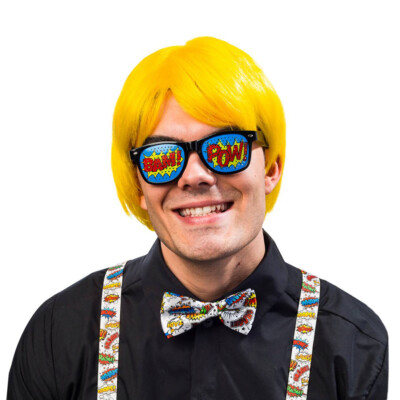 Comic Strip Retro Pop Art Set mit Brille Fliege und Hosenträger Cartoon Style