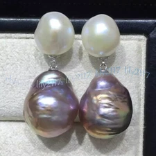Natural Freshwater White Pearl Purple Baroque Pearl Dangle Silver Stud Earrings