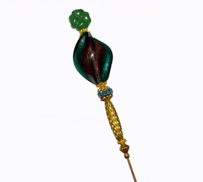 8'' HATPIN with Vintage Murano GREEN TWIST Glass & Rhinestones set in Gold Brass